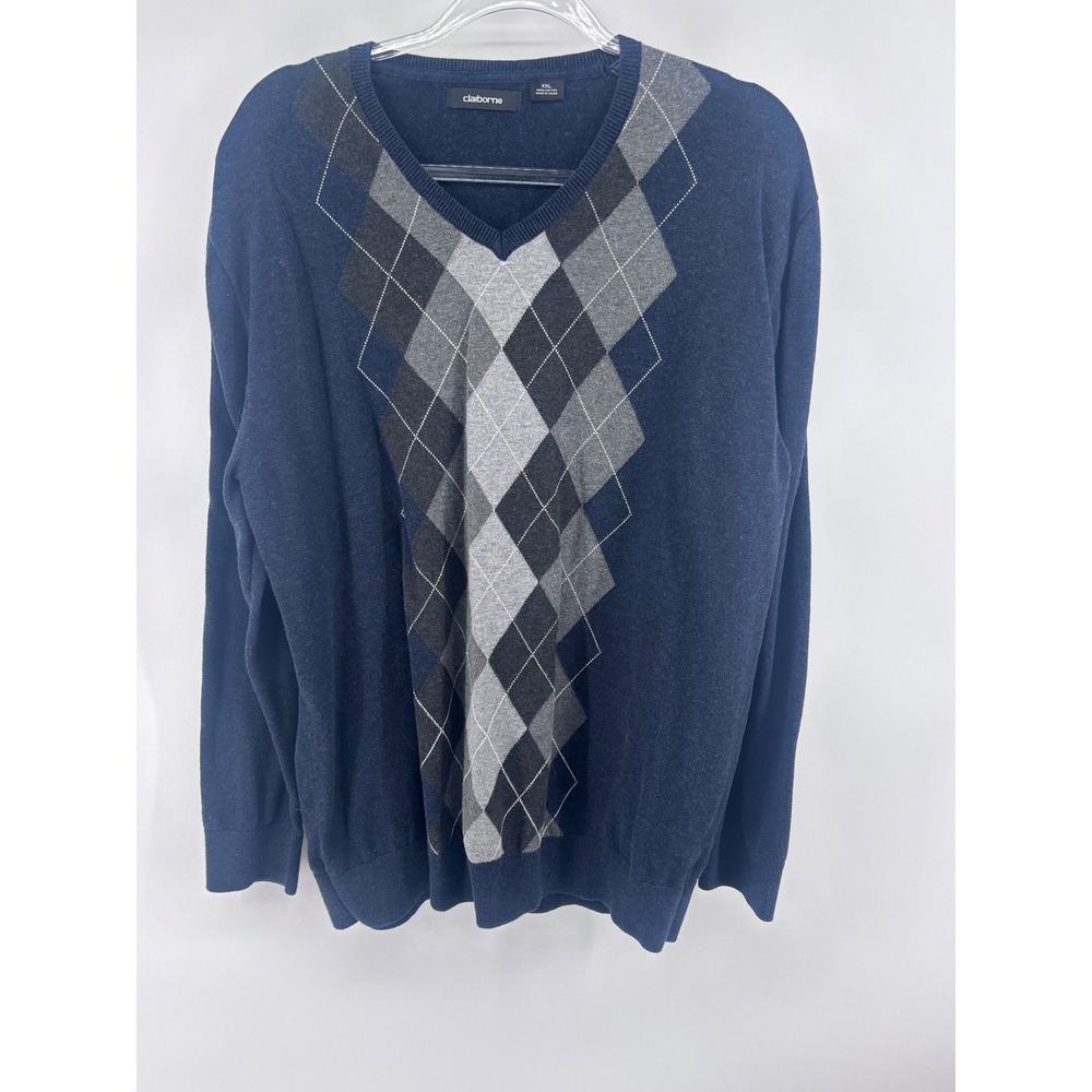 Claiborne Mens XXL V-Neck Argyle Sweater Pullover Blue Gray Cotton Casual